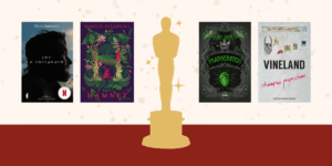 Okładki książek "Sny o pociągach", "Hamnet", "Frankenstein" i "Vineland". Na środku sylwetka statuetki Oscara.